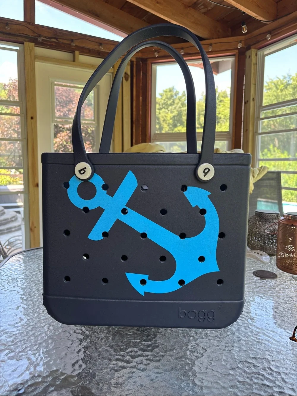 BOGG BAG Navy Tote with Bright Blue Anchor and pocket